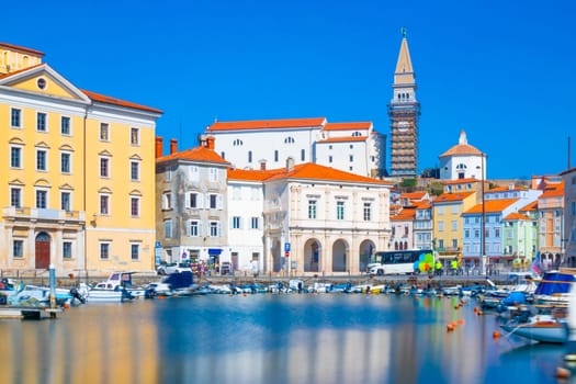 Cityscape of the old town of Piran Slovenia. Long exposure photography.