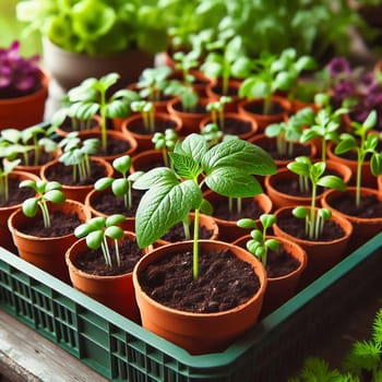 Young seedlings in terracotta pots, carefully arranged in a box. Fresh greenery under warm light - ideal for garden lovers and nature enthusiasts.