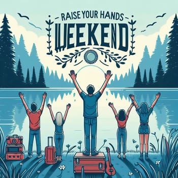 People in front of a lake raise their hands in anticipation of the weekend, while the sun sets behind a forest. Text: “RAISE YOUR HANDS, WEEKEND”. Atmospheric and motivating!