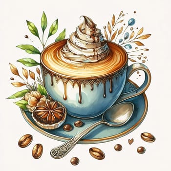 Detailed illustration of a cappuccino cup with heart latte art, served on plate, accompanied by coffee beans and spoon - ideal for coffee advertising.
