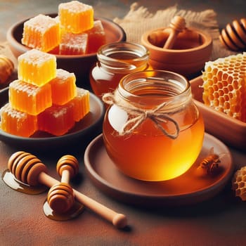 Various honey products, including jars of organic honey, honeycombs and honey spoons, arranged on a rustic wooden table. Perfect for promoting nature!