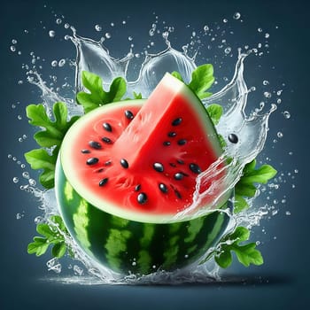 Fresh, juicy watermelon, cut in half and staged with splashing water and green leaves. Perfect for summer advertising or refreshing drinks.
