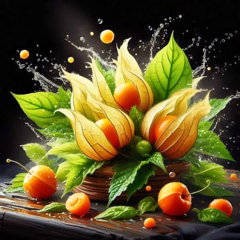 Physalis fruits with bright orange lanterns and green leaves, wrapped in drops of water. Dynamic, fresh, perfect for nature and food marketing.