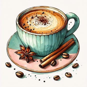 Detailed illustration of a cappuccino cup with heart latte art, served on plate, accompanied by coffee beans and spoon - ideal for coffee advertising.