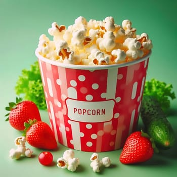 A classic red popcorn tub with white dots, filled to bursting with golden popcorn surrounded by scattered pieces, on a green background. Pure cinema feeling!