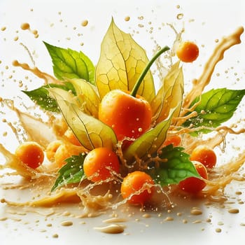 Physalis fruits with bright orange lanterns and green leaves, wrapped in drops of water. Dynamic, fresh, perfect for nature and food marketing.