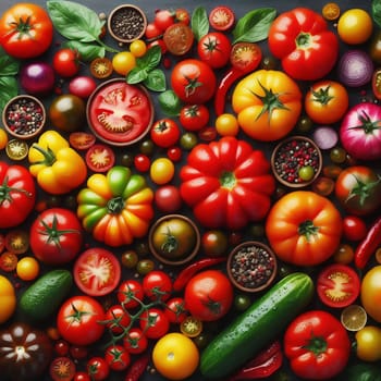 Colorful variety: Tomatoes in different colors and shapes, densely arranged. Perfect for themes such as fresh food, natural products and healthy eating.