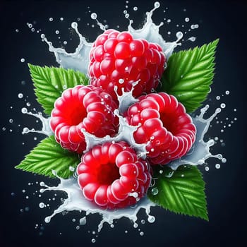 Fresh, juicy raspberries with green leaves, surrounded by splashing drops of water. Perfect for advertising or food marketing, lively, dynamic and appetizing.