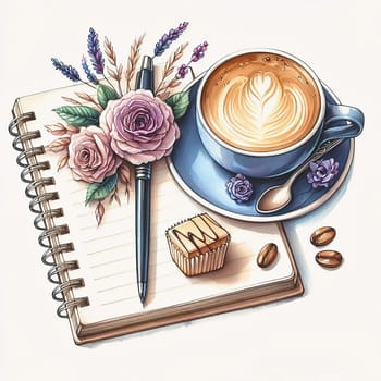 Detailed illustration of a cappuccino cup with heart latte art, served on plate, accompanied by coffee beans and spoon - ideal for coffee advertising.