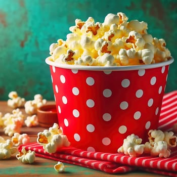 A classic red popcorn tub with white dots, filled to bursting with golden popcorn surrounded by scattered pieces, on a green background. Pure cinema feeling!