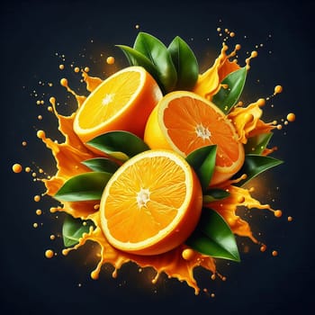 Juicy, halved oranges with refreshing drops of water and green leaves that perfectly reflect freshness and summer enjoyment. Ideal for advertising!