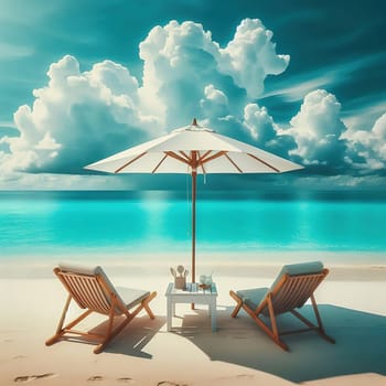 Idyllic beach picture: two deckchairs, parasol, turquoise sea and sand. Perfect for vacation and travel advertising.