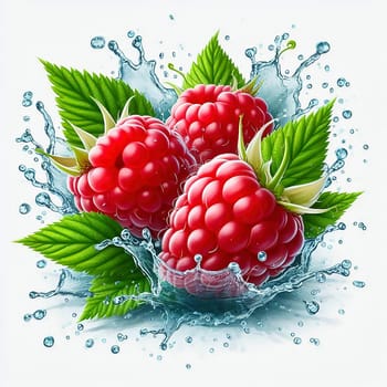 Fresh, juicy raspberries with green leaves, surrounded by splashing drops of water. Perfect for advertising or food marketing, lively, dynamic and appetizing.