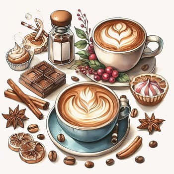Detailed illustration of a cappuccino cup with heart latte art, served on plate, accompanied by coffee beans and spoon - ideal for coffee advertising.