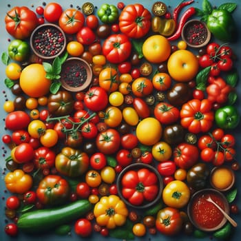 Colorful variety: Tomatoes in different colors and shapes, densely arranged. Perfect for themes such as fresh food, natural products and healthy eating.