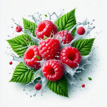 Fresh, juicy raspberries with green leaves, surrounded by splashing drops of water. Perfect for advertising or food marketing, lively, dynamic and appetizing.