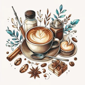 Detailed illustration of a cappuccino cup with heart latte art, served on plate, accompanied by coffee beans and spoon - ideal for coffee advertising.