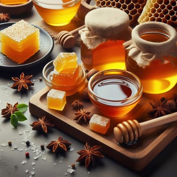 Various honey products, including jars of organic honey, honeycombs and honey spoons, arranged on a rustic wooden table. Perfect for promoting nature!