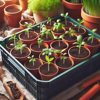 Young seedlings in terracotta pots, carefully arranged in a box. Fresh greenery under warm light - ideal for garden lovers and nature enthusiasts.