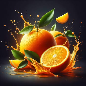 Juicy, halved oranges with refreshing drops of water and green leaves that perfectly reflect freshness and summer enjoyment. Ideal for advertising!