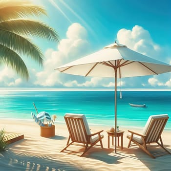 Idyllic beach picture: two deckchairs, parasol, turquoise sea and sand. Perfect for vacation and travel advertising.
