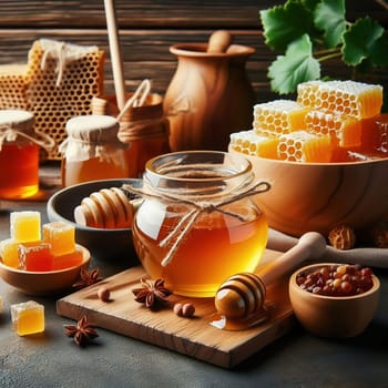 Various honey products, including jars of organic honey, honeycombs and honey spoons, arranged on a rustic wooden table. Perfect for promoting nature!