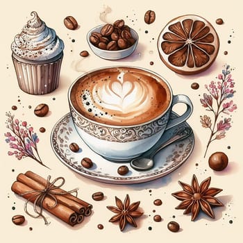 Detailed illustration of a cappuccino cup with heart latte art, served on plate, accompanied by coffee beans and spoon - ideal for coffee advertising.