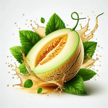 Fresh honeydew melon, surrounded by splashing water and juicy green leaves. Perfect for advertising campaigns on freshness, drinks and tropical indulgence.