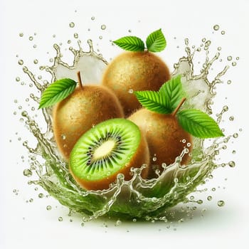 A juicy, green kiwi surrounded by splashing water and leaves. Dynamism and freshness make this image ideal for nature, food or wellness advertising.