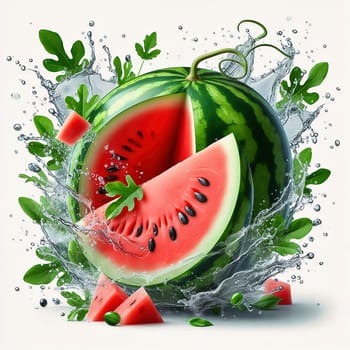 Fresh, juicy watermelon, cut in half and staged with splashing water and green leaves. Perfect for summer advertising or refreshing drinks.