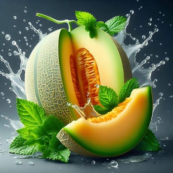 Fresh honeydew melon, surrounded by splashing water and juicy green leaves. Perfect for advertising campaigns on freshness, drinks and tropical indulgence.