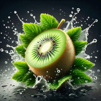 A juicy, green kiwi surrounded by splashing water and leaves. Dynamism and freshness make this image ideal for nature, food or wellness advertising.