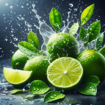 Tangy and fresh! Bright green limes, surrounded by dripping water, with vibrant leaves. Ideal for advertising all about freshness, enjoyment and exoticism.