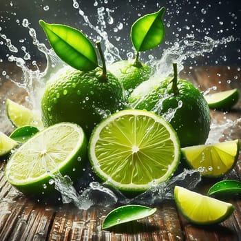 Tangy and fresh! Bright green limes, surrounded by dripping water, with vibrant leaves. Ideal for advertising all about freshness, enjoyment and exoticism.