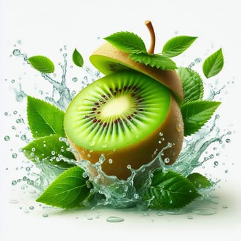 A juicy, green kiwi surrounded by splashing water and leaves. Dynamism and freshness make this image ideal for nature, food or wellness advertising.