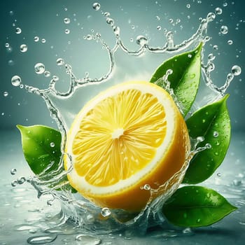 Juicy, halved oranges with refreshing drops of water and green leaves that perfectly reflect freshness and summer enjoyment. Ideal for advertising!