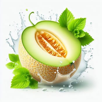 Fresh honeydew melon, surrounded by splashing water and juicy green leaves. Perfect for advertising campaigns on freshness, drinks and tropical indulgence.