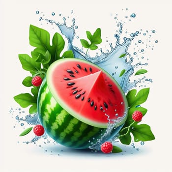 Fresh, juicy watermelon, cut in half and staged with splashing water and green leaves. Perfect for summer advertising or refreshing drinks.