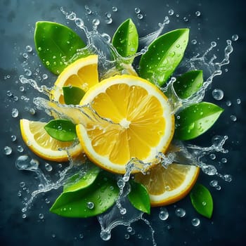 Fresh, juicy lemon, cut in half and surrounded by sparkling water and green leaves. Perfect for advertising, soft drinks and food packaging.
