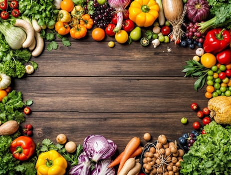 Colorful vegetables on wooden frame, AI generation.