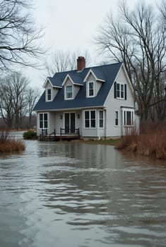 House surrounded by floodwater, AI generation.