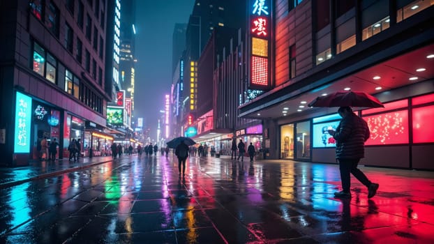 Neon-lit city street at night, AI generation.