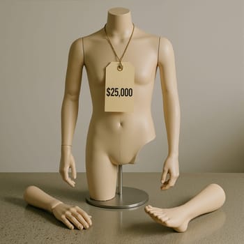 Mannequin with price tag in store, AI generation. cost an arm and a leg idiom
