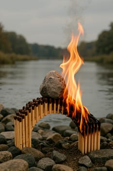 Wooden arch on fire over water, AI generation.