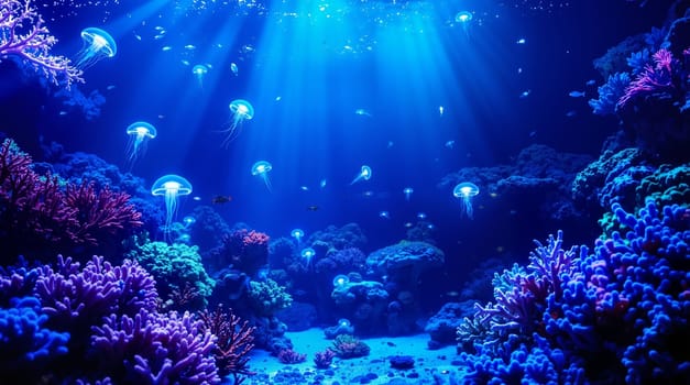 Vibrant underwater coral scene, AI generation.