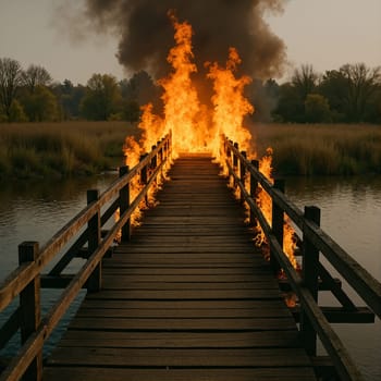 Wooden bridge on fire over water, AI generation. Burn bridges ideom