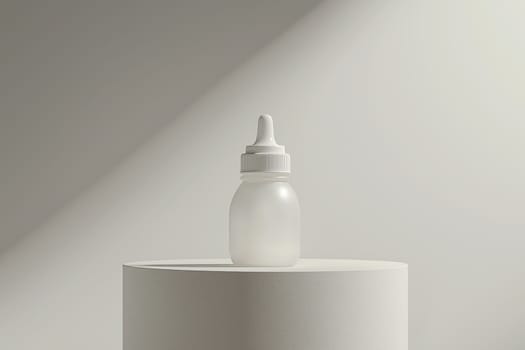 A baby bottle with a smooth, frosted design stands alone atop a round, white pedestal in a softly lit environment, showcasing modern simplicity and elegance in baby accessories.
