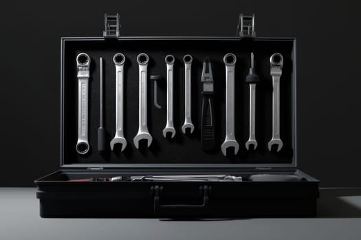 A set of various hand tools is displayed inside a black toolbox. The tools are organized meticulously, showcasing a range of sizes and types for mechanical work, lending an air of professionalism.