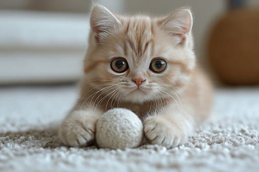 A young gray kitten with striking eyes is crouched down, intently reaching for a soft ball. The warm indoor environment adds a serene feel to the playful moment.
