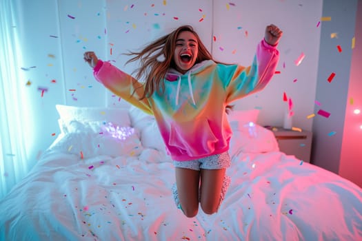 Teen girl in colorful oversized hoodie jumping on a white bed with neon lights and confetti flying around, laughing wildly, mid-air pose, high-speed camera flash effect
